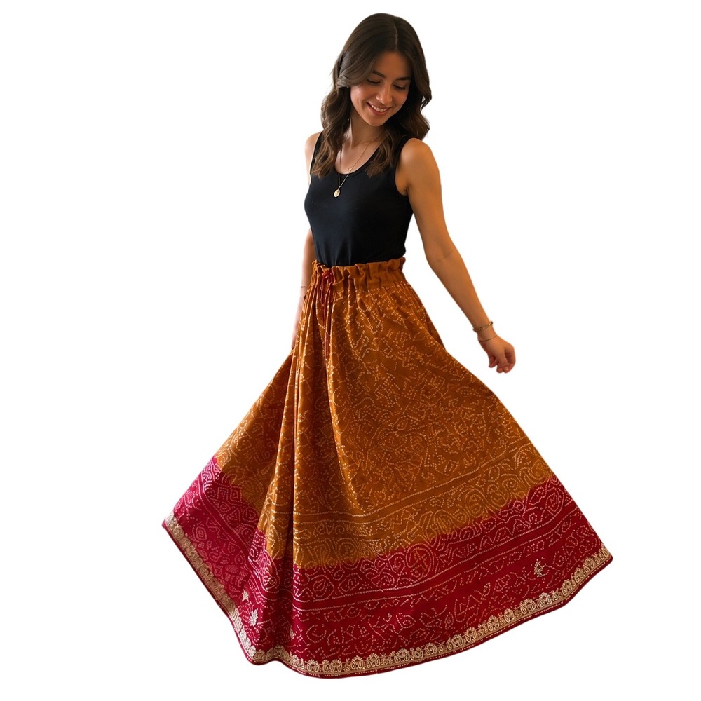 Handmade Bandhani Silk Blend Maxi Skirt Beaded Drawstring Mustard Red 32W